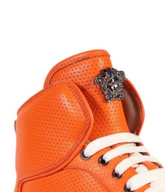 New Versace Men's Orange Perforated Leather High-Top Sneakers