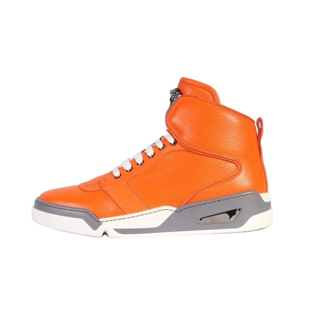 Women's New Versace Men's Orange Perforated Leather High-Top Sneakers For Sale