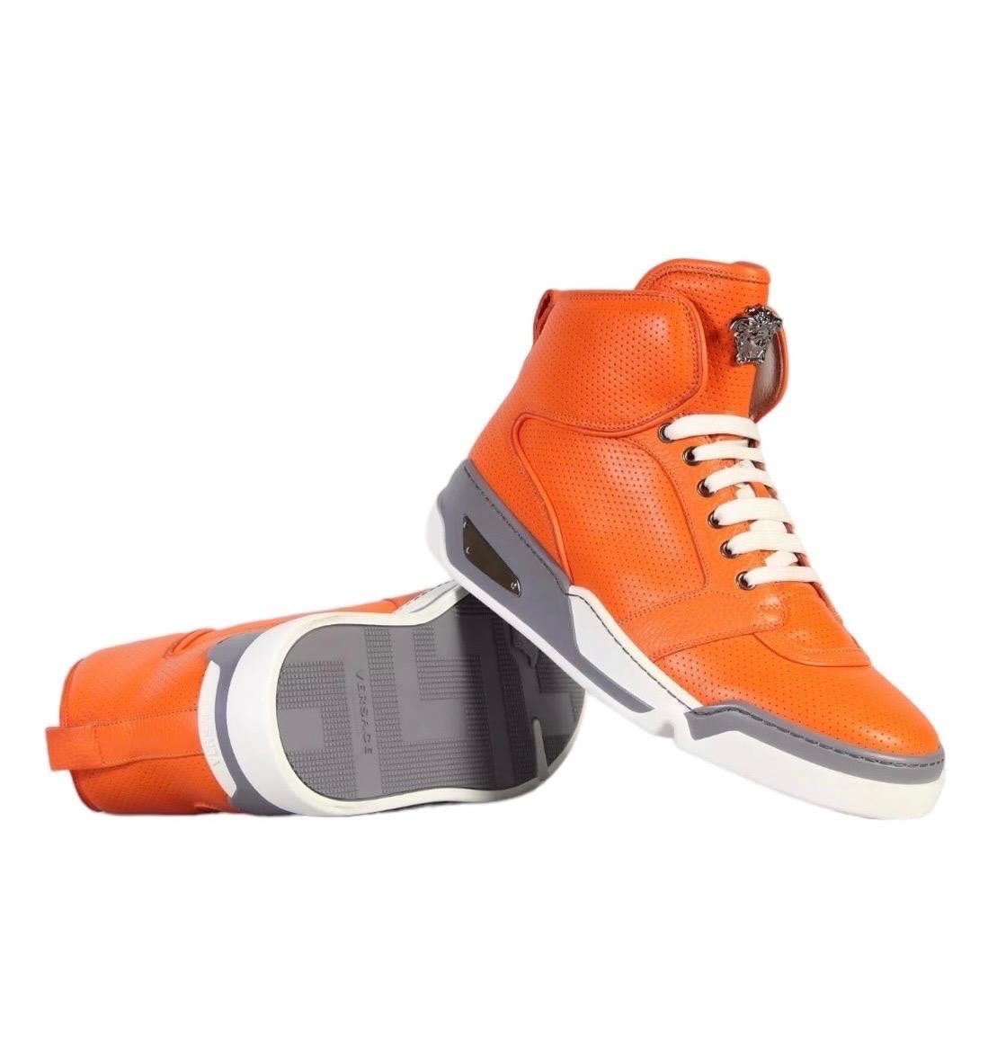 New Versace Men's Orange Perforated Leather High-Top Sneakers For Sale 1