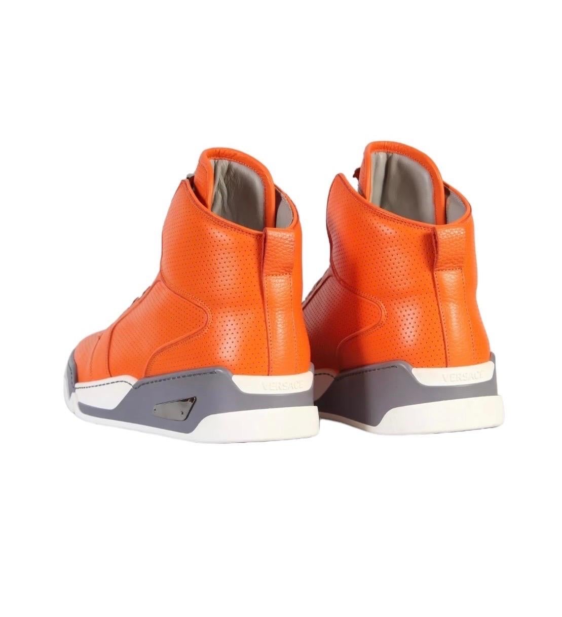 New Versace Men's Orange Perforated Leather High-Top Sneakers For Sale 2