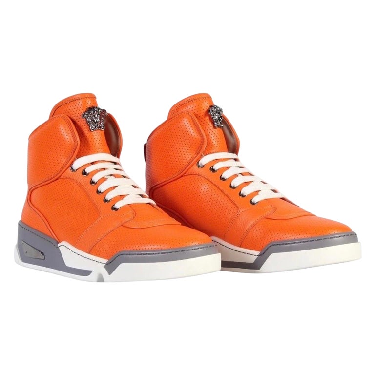 New Versace Men's Orange Perforated Leather High-Top Sneakers For