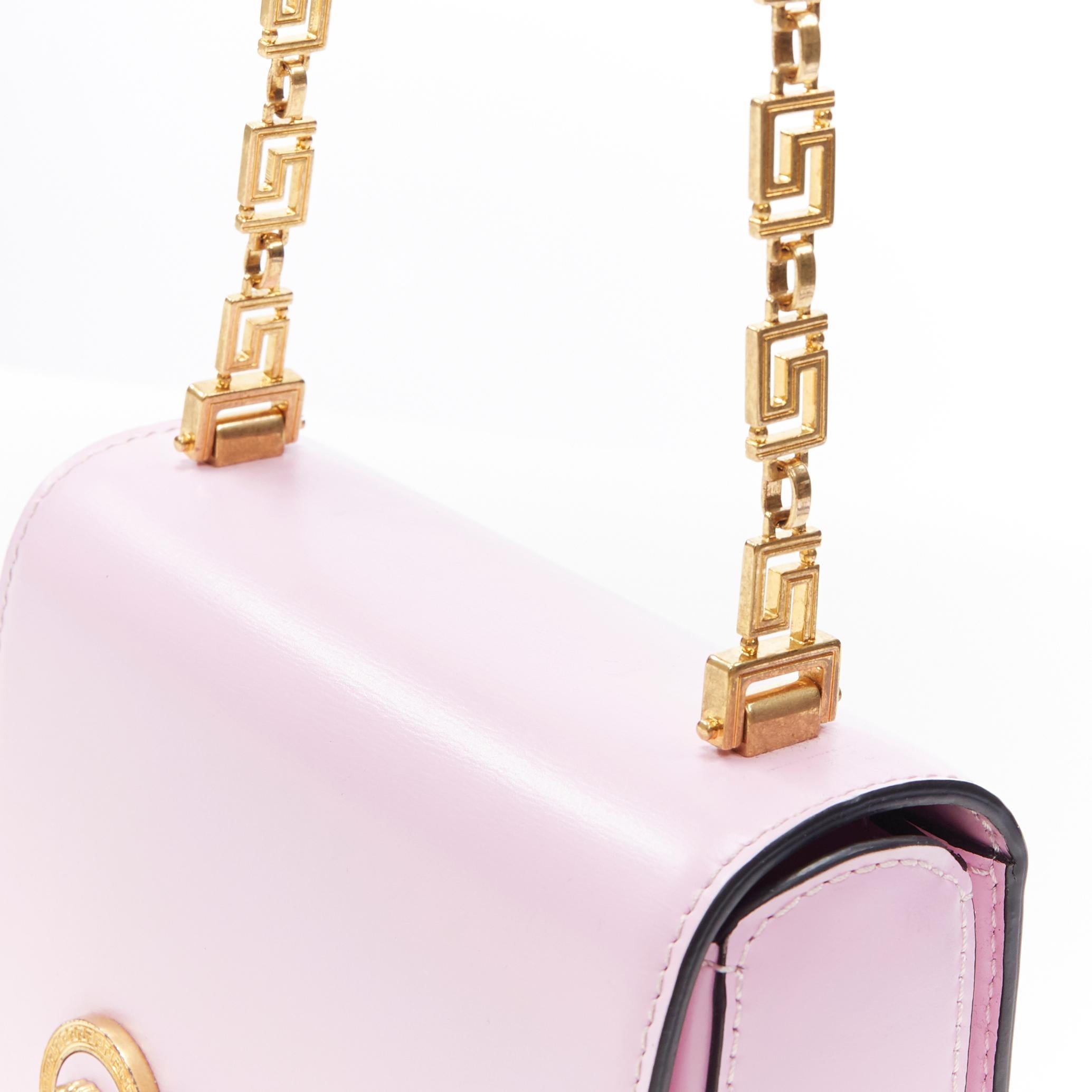Beige new VERSACE Mini Icon light pink dual Medusa turnlock greca chain shoulder bag