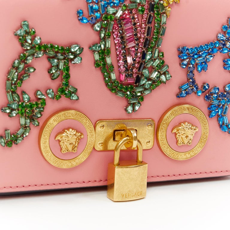 new VERSACE Mini Icon pink baroque V crystal embellished gold chain ...