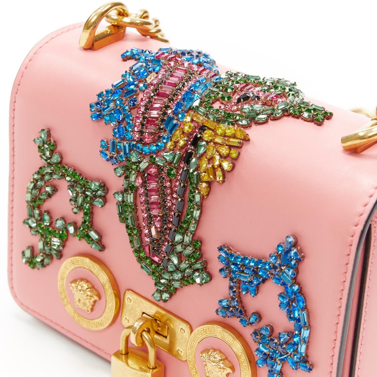 new VERSACE Mini Icon pink baroque V crystal embellished gold chain ...
