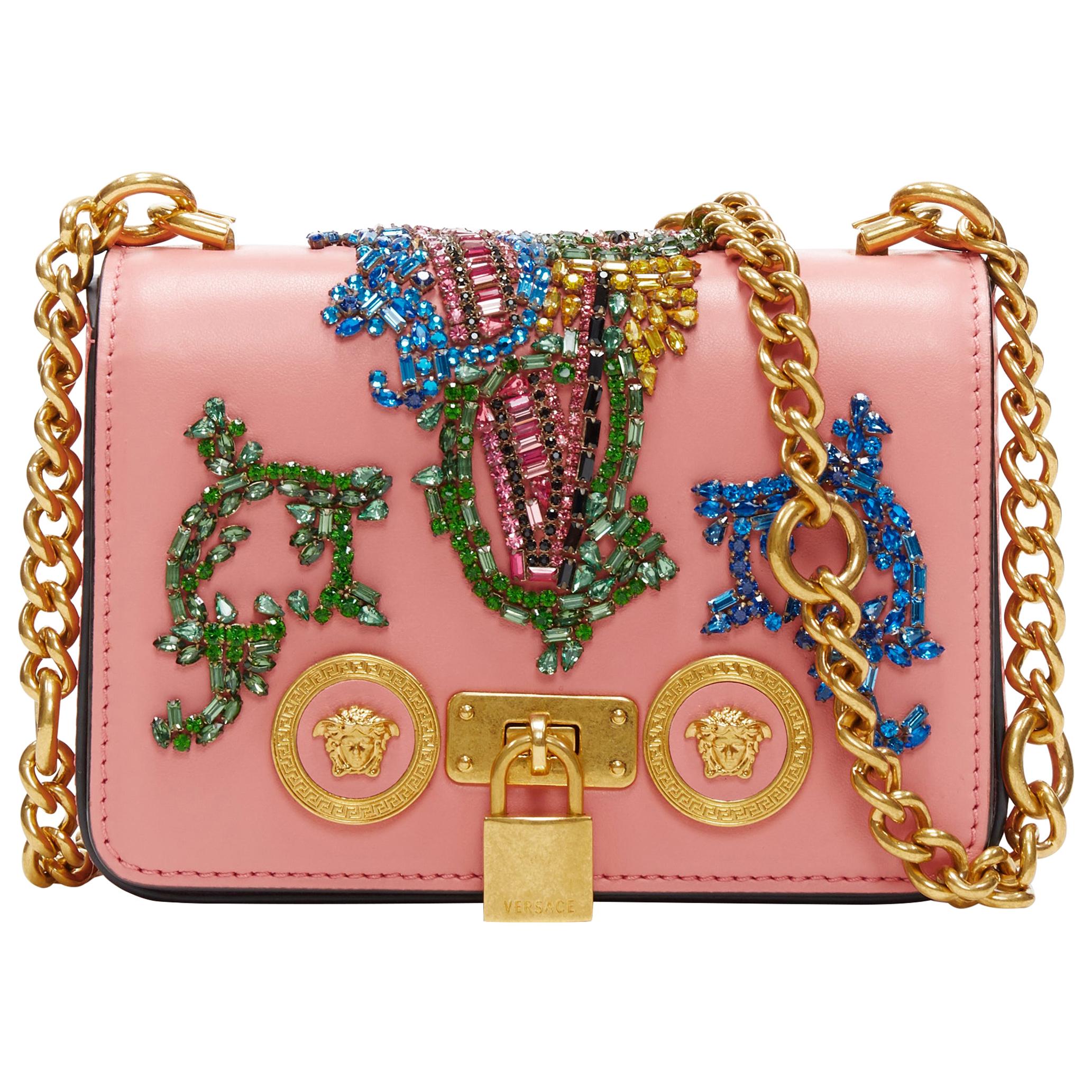 new VERSACE Mini Icon pink baroque Virtus V crystal embellished shoulder bag