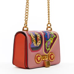 new VERSACE Mini Icon pink multi baroque alphabet patch gold chain shoulder bag