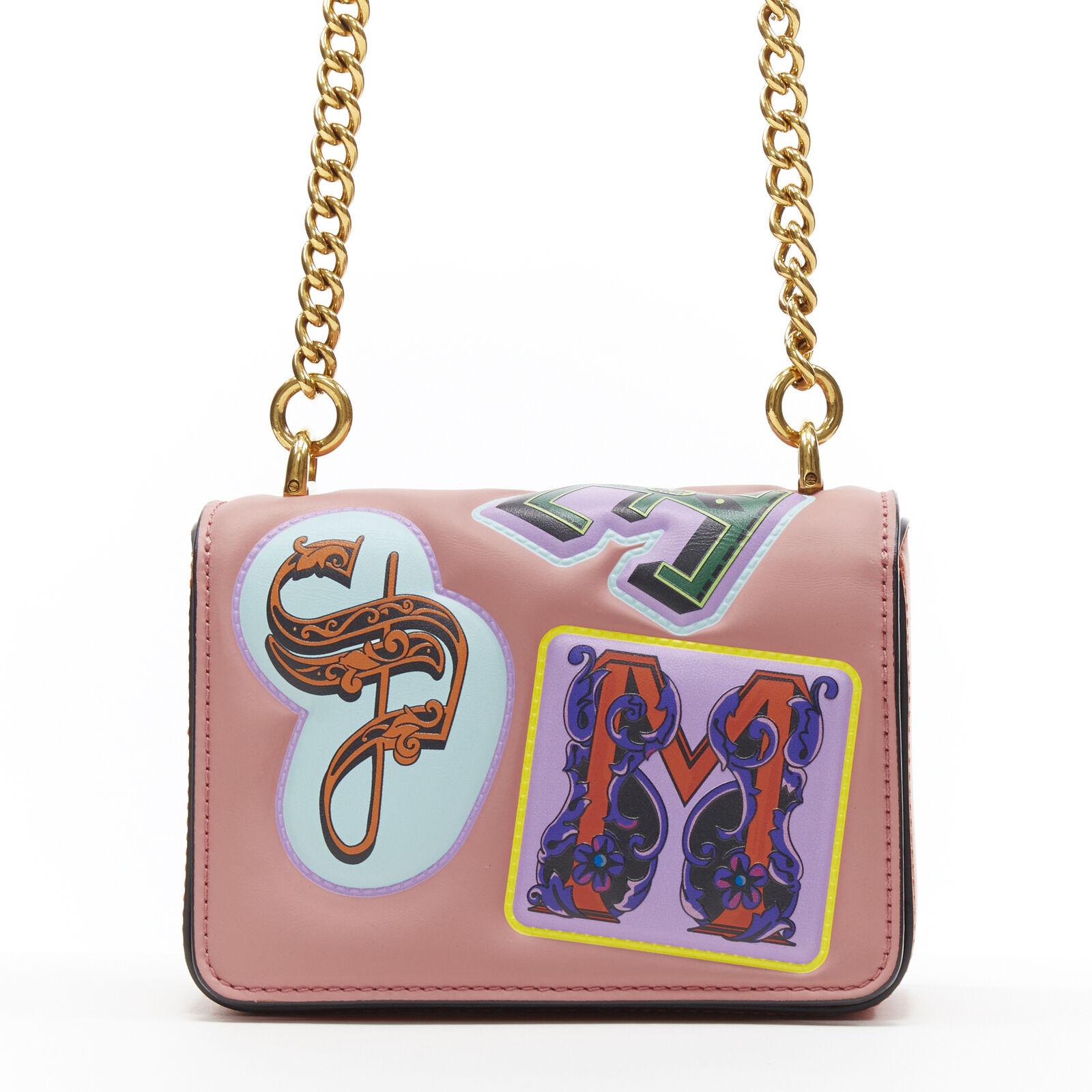 New VERSACE Mini Icon pink multi baroque alphabet patch gold chain shoulder bag In New Condition In Montgomery, TX