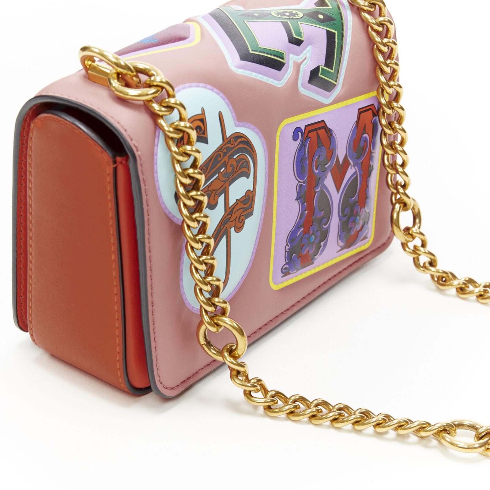 Women's New VERSACE Mini Icon pink multi baroque alphabet patch gold chain shoulder bag