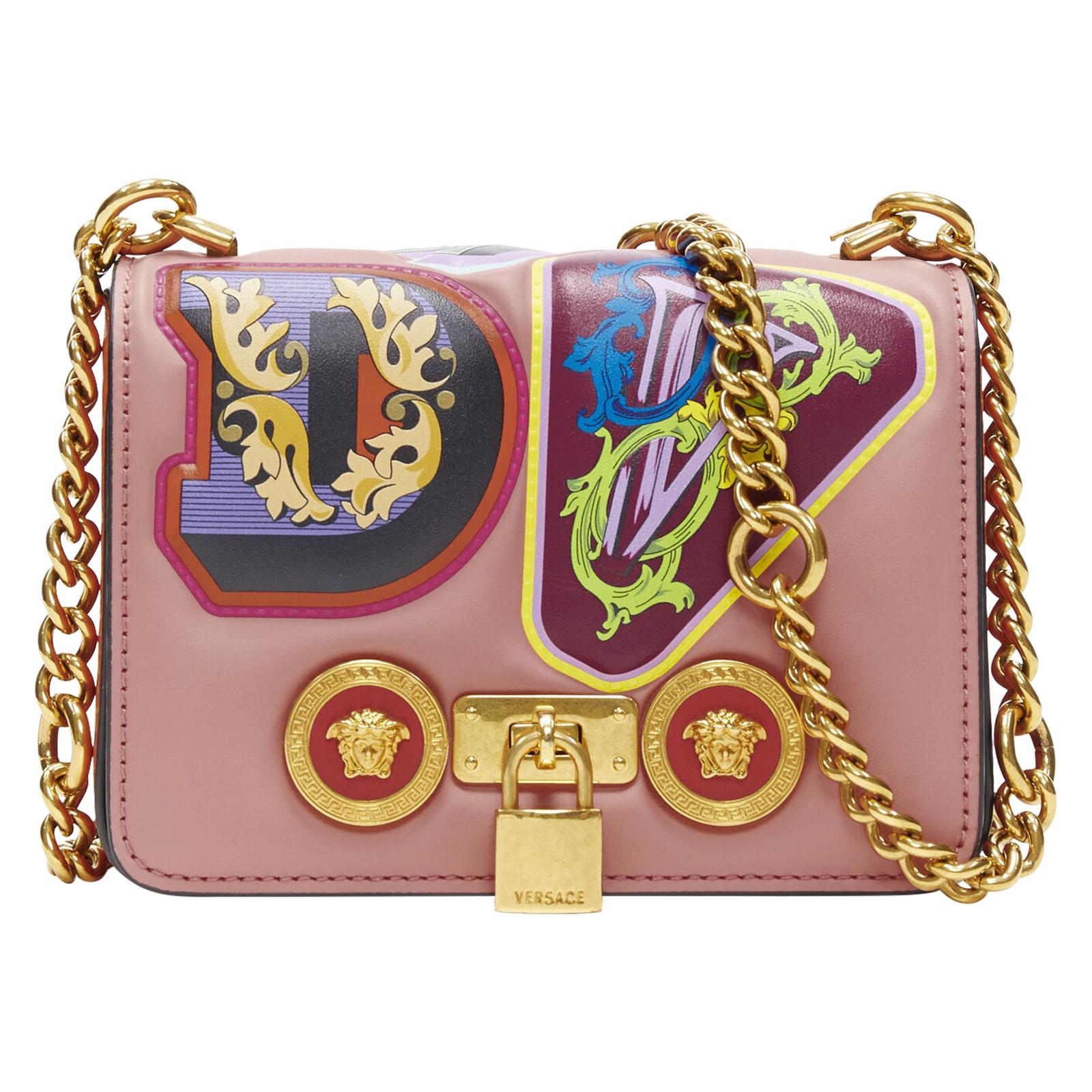 New VERSACE Mini Icon pink multi baroque alphabet patch gold chain shoulder bag