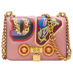 new VERSACE Mini Icon pink multi baroque alphabet patch gold chain shoulder bag