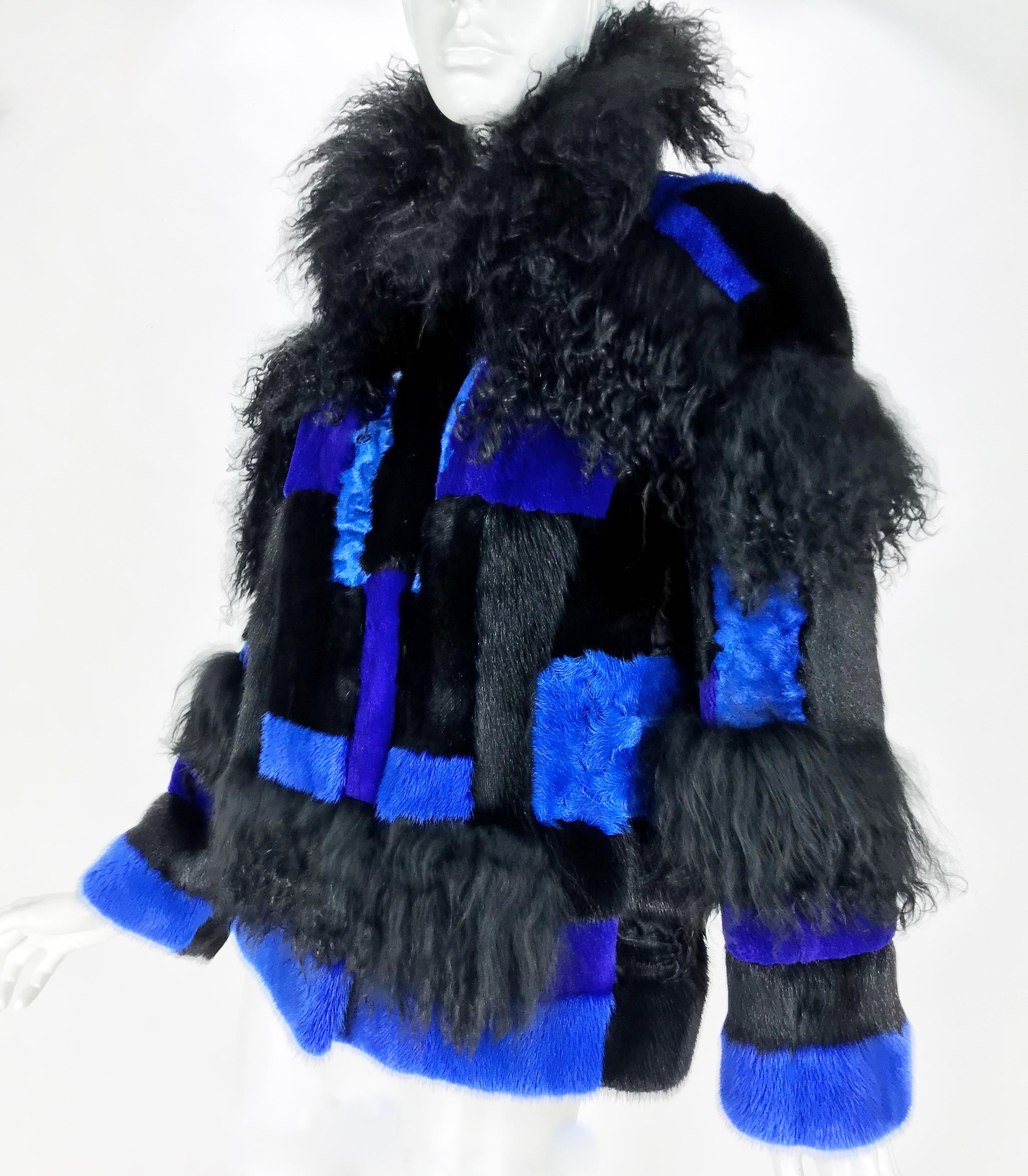 Versace 

Mixed Fur jacket 

100% Mink

100% Mongolian Fur

100% Persian Lamb

Lining: 100% Silk

Trim 1: 100% Goat  Fur

Trim 2: 100% Leather
 
IT Size 42 - US 6
                                                                                      