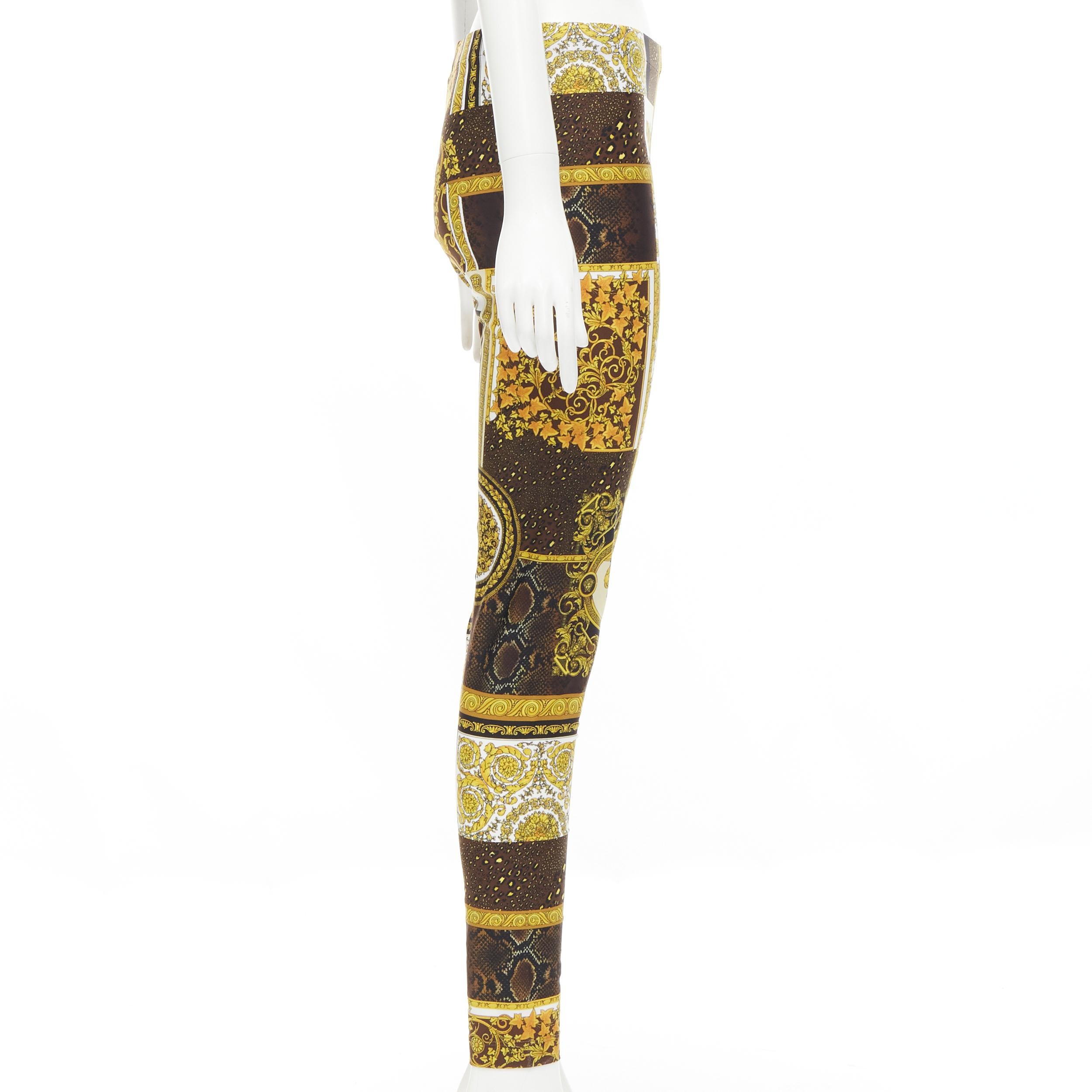 Brown new VERSACE Mosaic Barocco black gold brown python stretchy leggings IT42 M For Sale