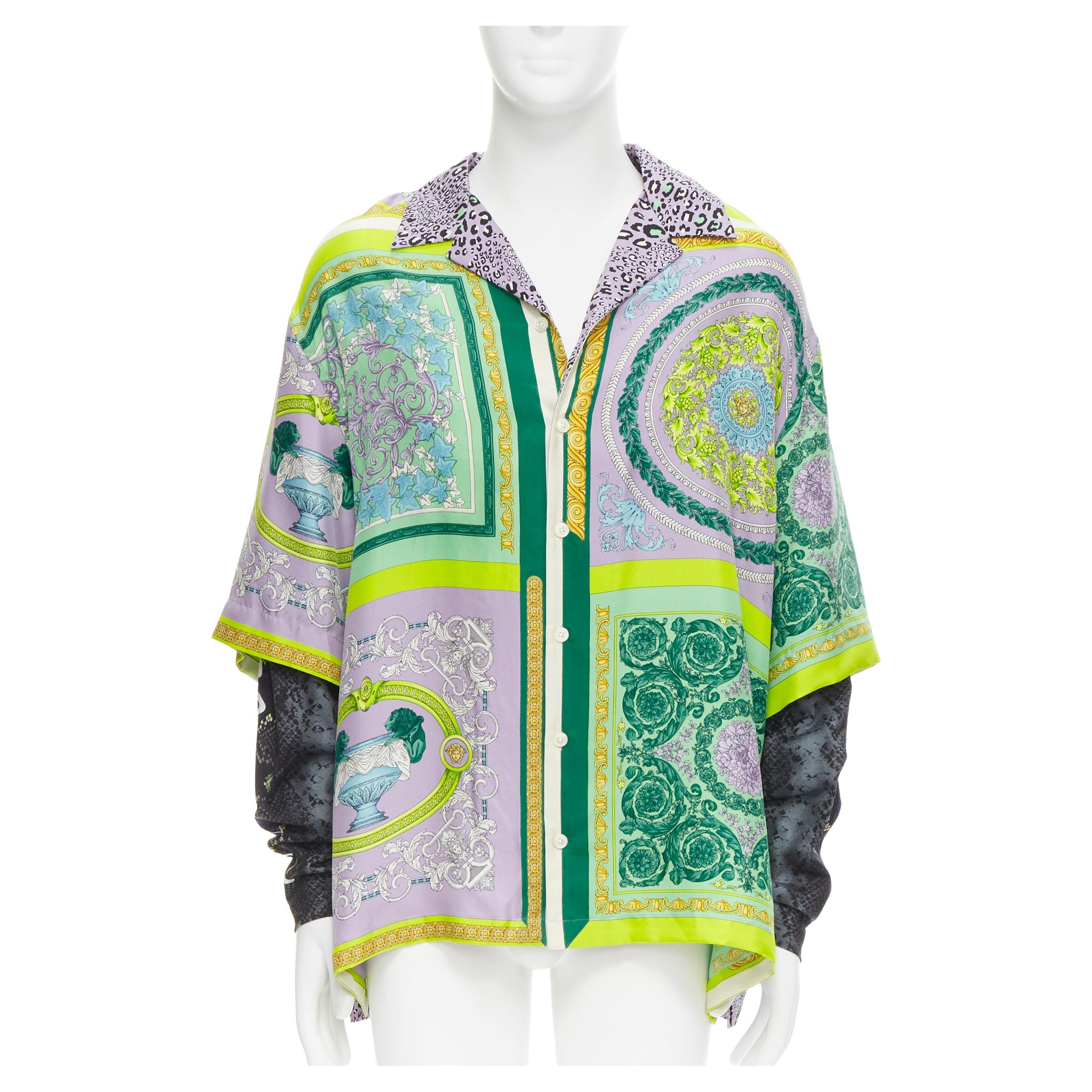 new VERSACE Mosaic Barocco Pop 100% silk green python double sleeve shirt EU38 S