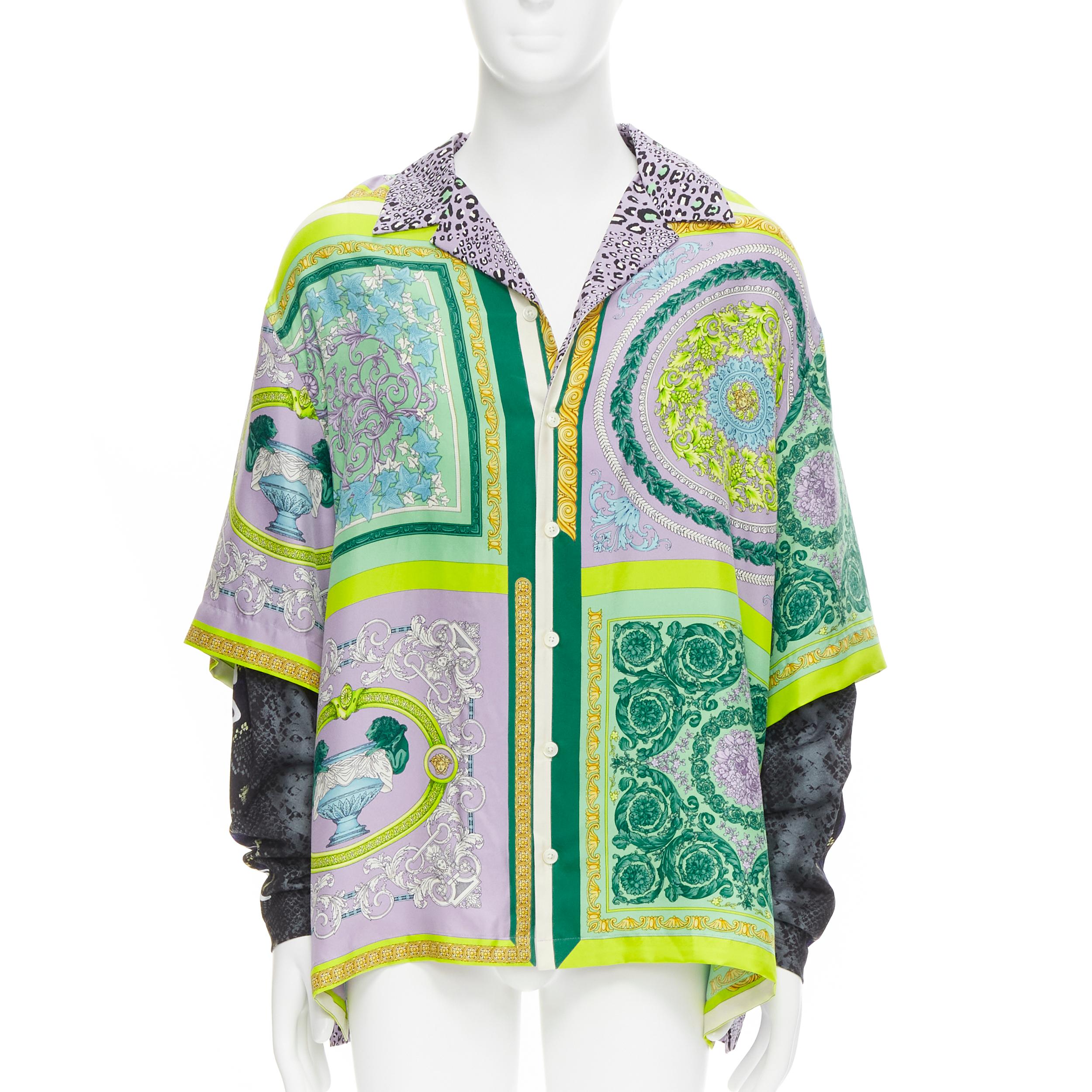 Gray new VERSACE Mosaic Barocco Pop 100% silk green python double sleeve shirt EU40 L