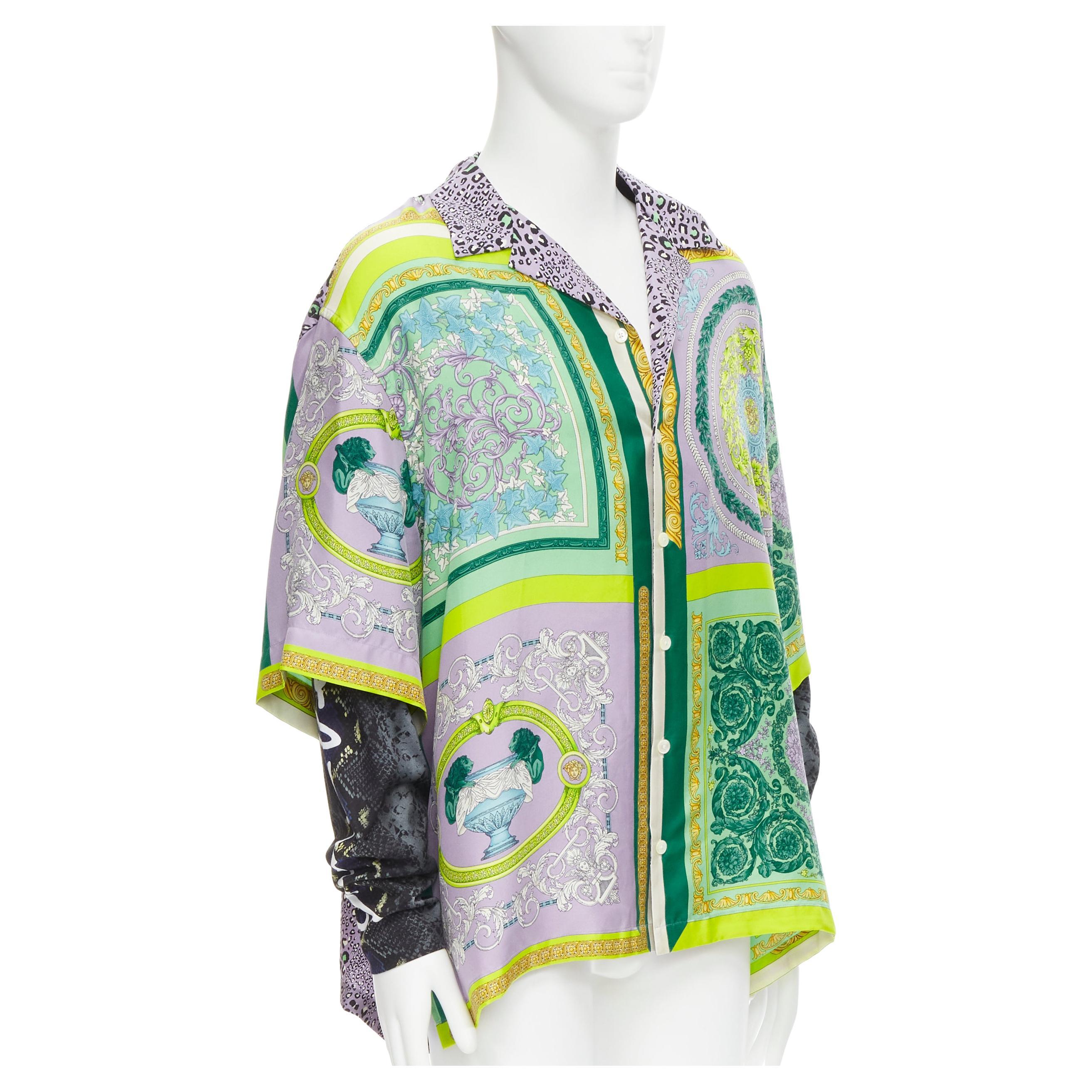 new VERSACE Mosaic Barocco Pop 100% silk green python double sleeve shirt EU40 L