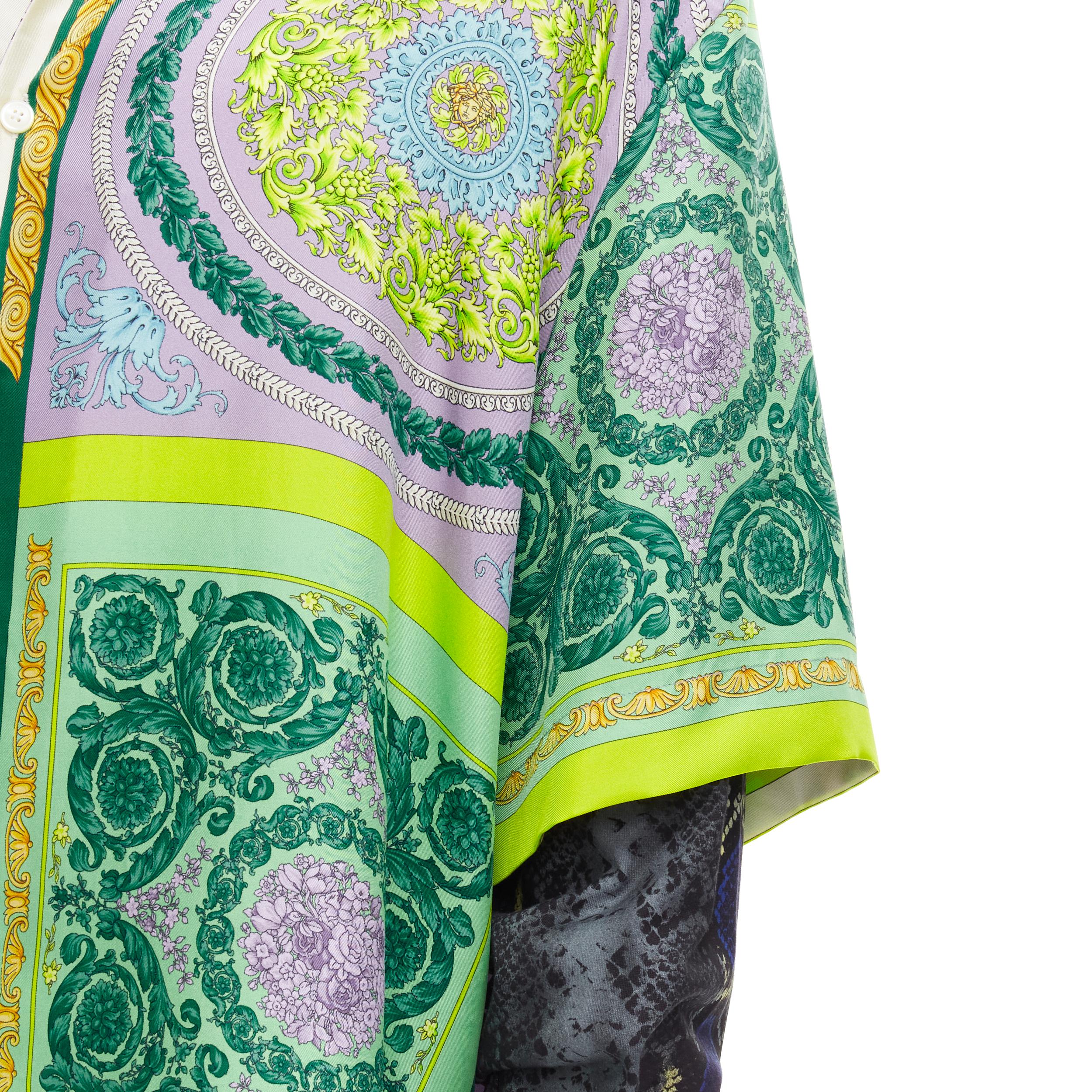 new VERSACE Mosaic Barocco Pop 100% silk green python double sleeve shirt EU41 L 
Reference: TGAS/C00957
Brand: Versace 
Designer: Donatella Versace 
Collection: Resort 2021 Runway 
Material: Silk 
Color: Green 
Pattern: Floral 
Closure: Button