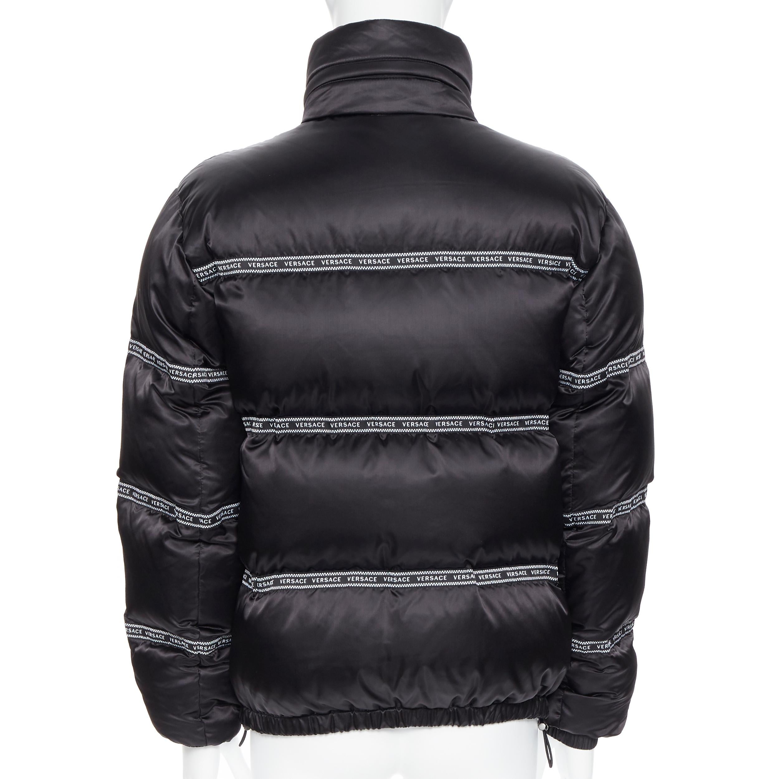 new VERSACE Nastro Stampa black logo ribbon goose down padded jacket IT46 S For Sale 1