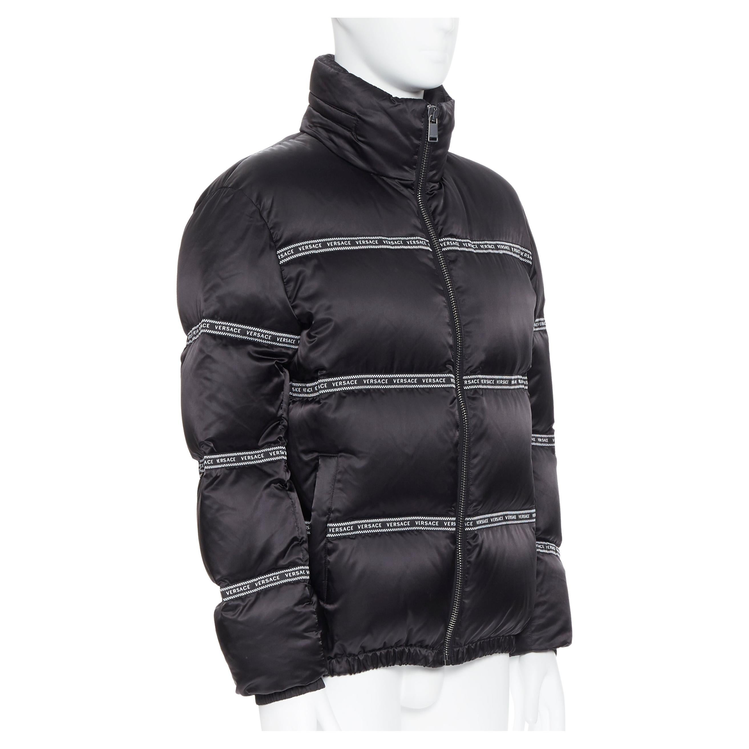 new VERSACE Nastro Stampa black logo ribbon goose down padded jacket IT46 S  For Sale at 1stDibs