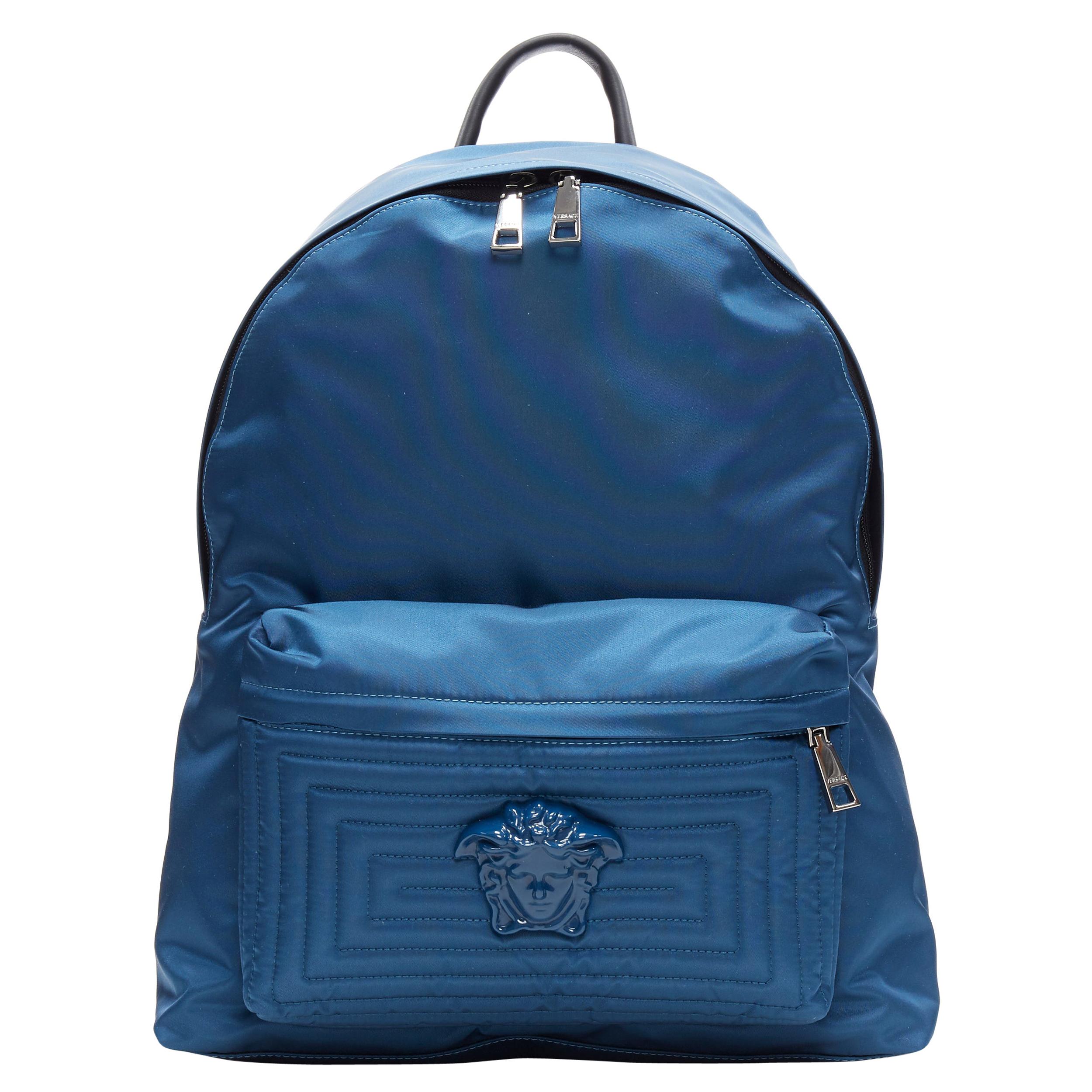 new VERSACE navy blue Palazzo Medusa Greca nylon stitching pocket backpack bag