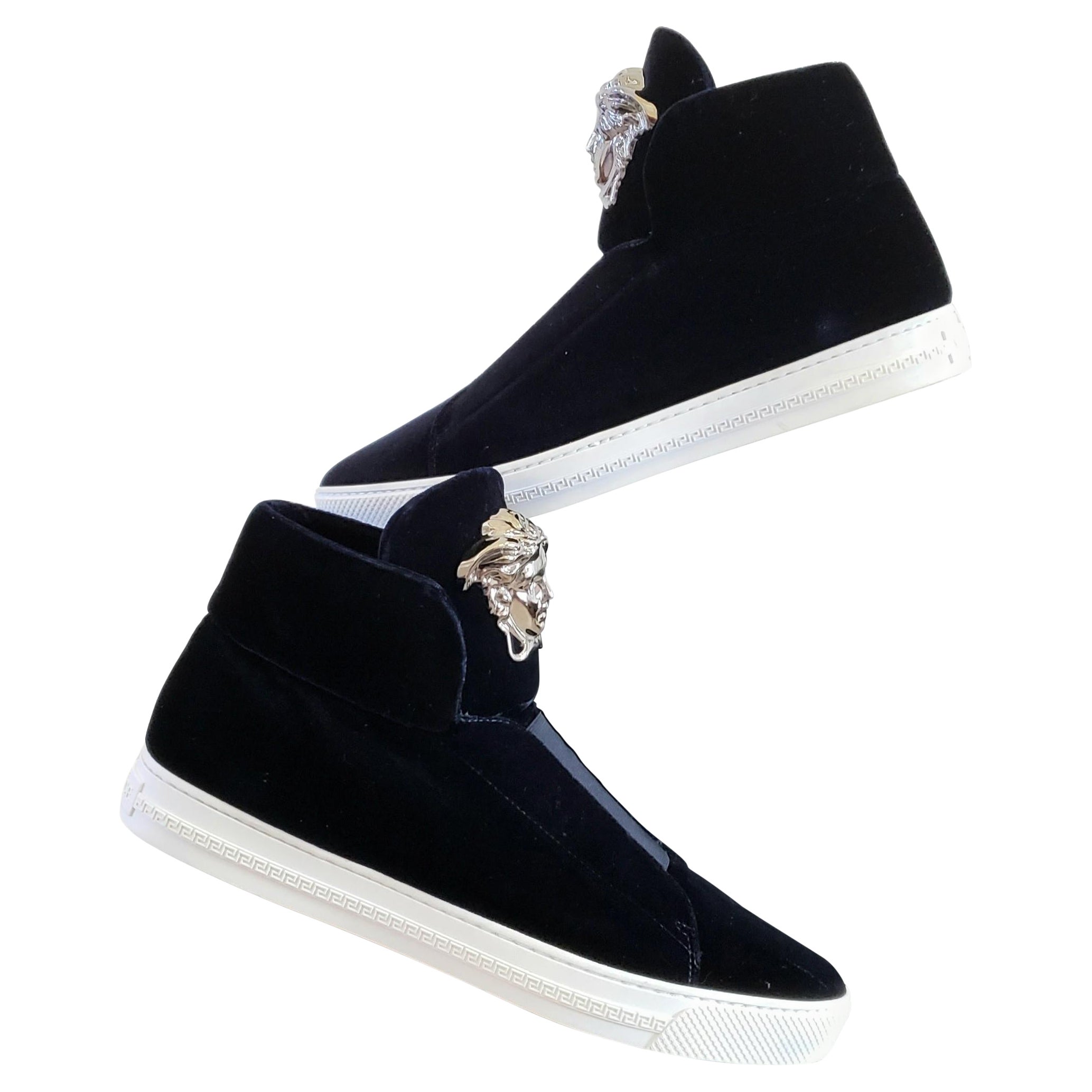 New VERSACE NAVY BLUE VELVET PALAZZO HIGH-TOP SNEAKERS 43.5 - 10.5