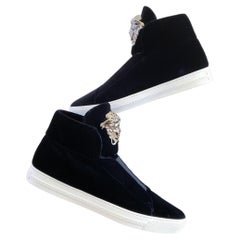 New VERSACE NAVY BLUE VELVET PALAZZO HIGH-TOP SNEAKERS 43.5 - 10.5