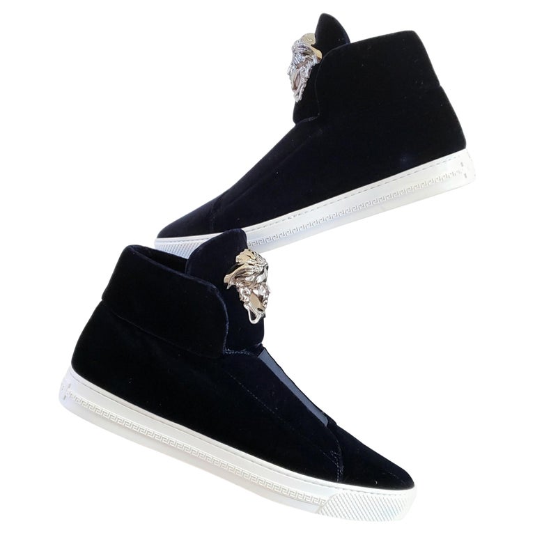New VERSACE NAVY BLUE VELVET PALAZZO HIGH-TOP SNEAKERS