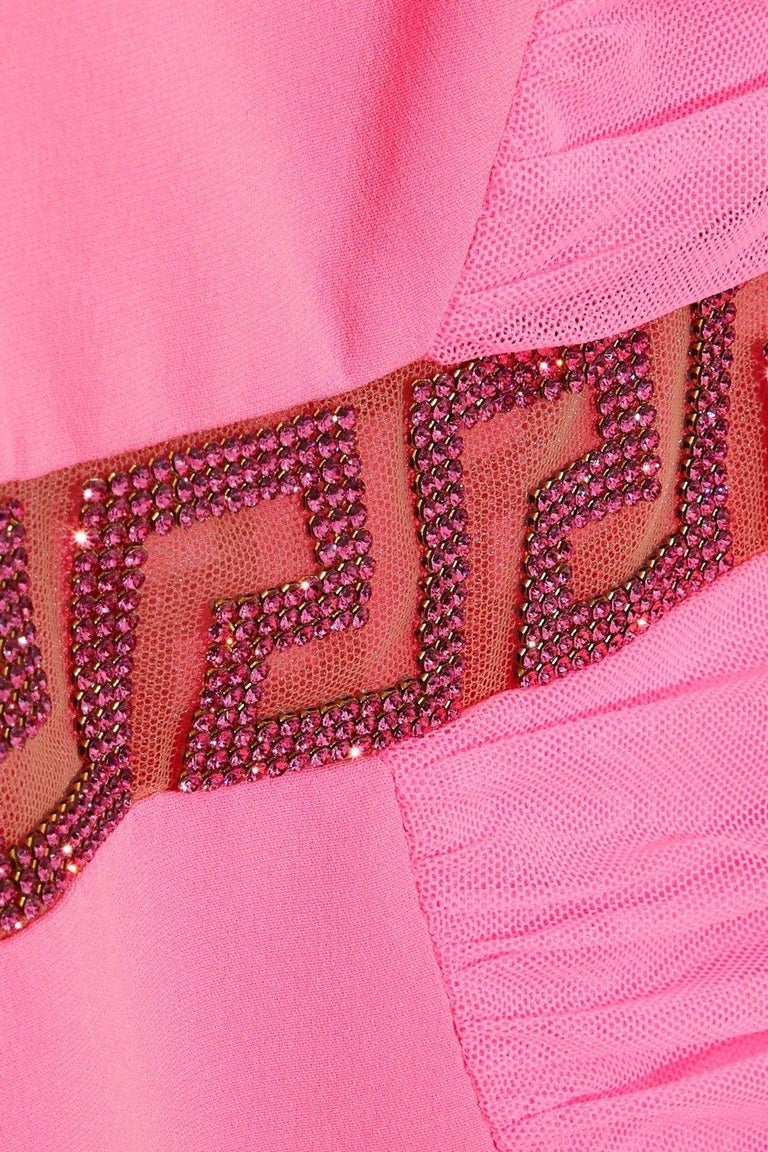 New Versace Neon Pink Crystal Embellished Draped Tulle Crepe Mini Dress 4,  6, 8 For Sale at 1stDibs | pink mini dress designer, pink versace dress,  pink crystal dress