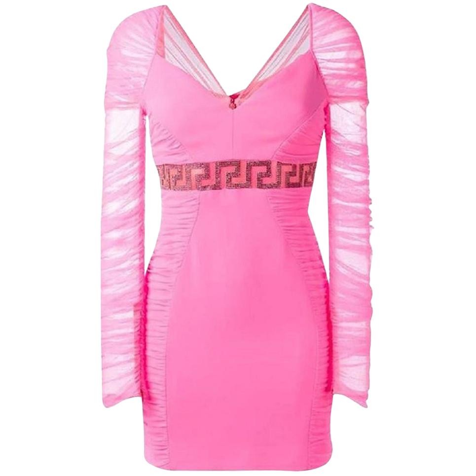 New Versace Neon Pink Crystal Embellished Draped Tulle Crepe Mini Dress 4, 6, 8