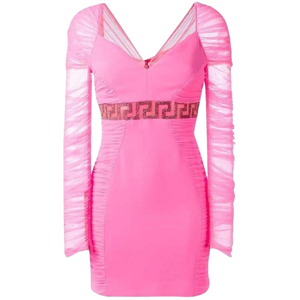 Versace Neonrosa kristallbesetztes drapiertes Minikleid aus Tüll-Krepp in Neonrot 4, 6, 8