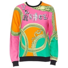 nouveau VERSACE rose fluo vert cupidon logo or barocco pull pull-over sweats L