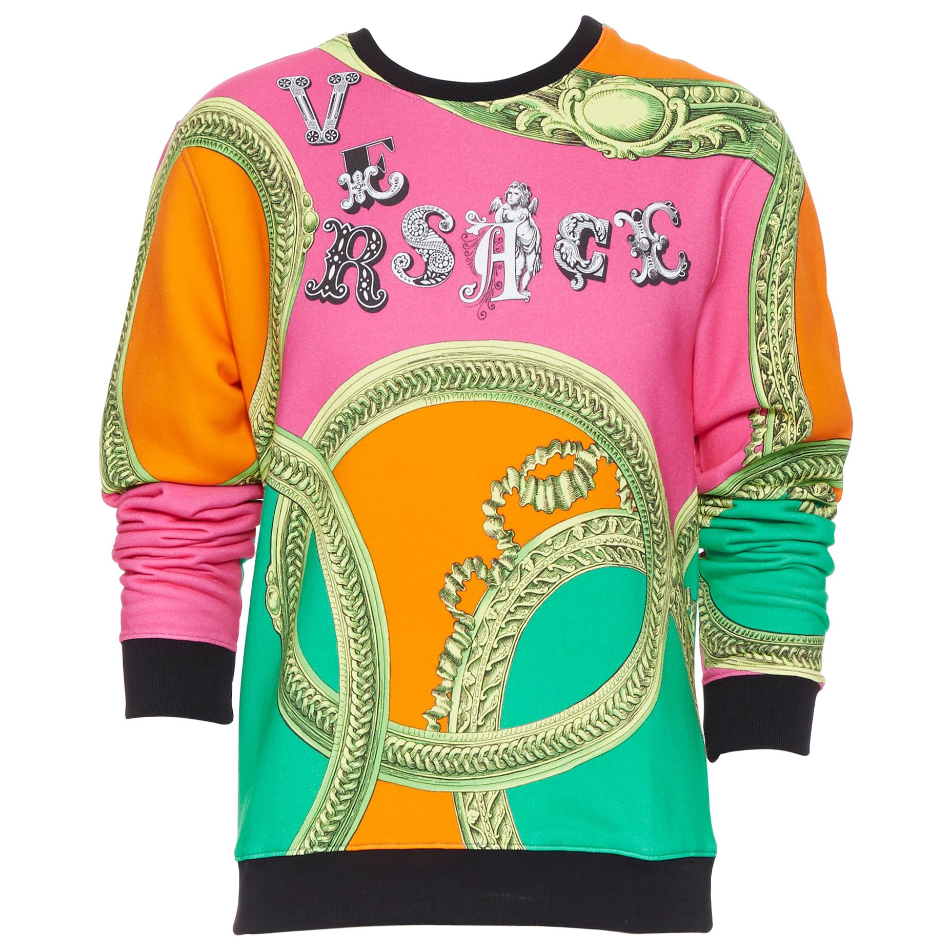 new VERSACE neon pink orange green logo gold barocco pullover jumper sweats XL