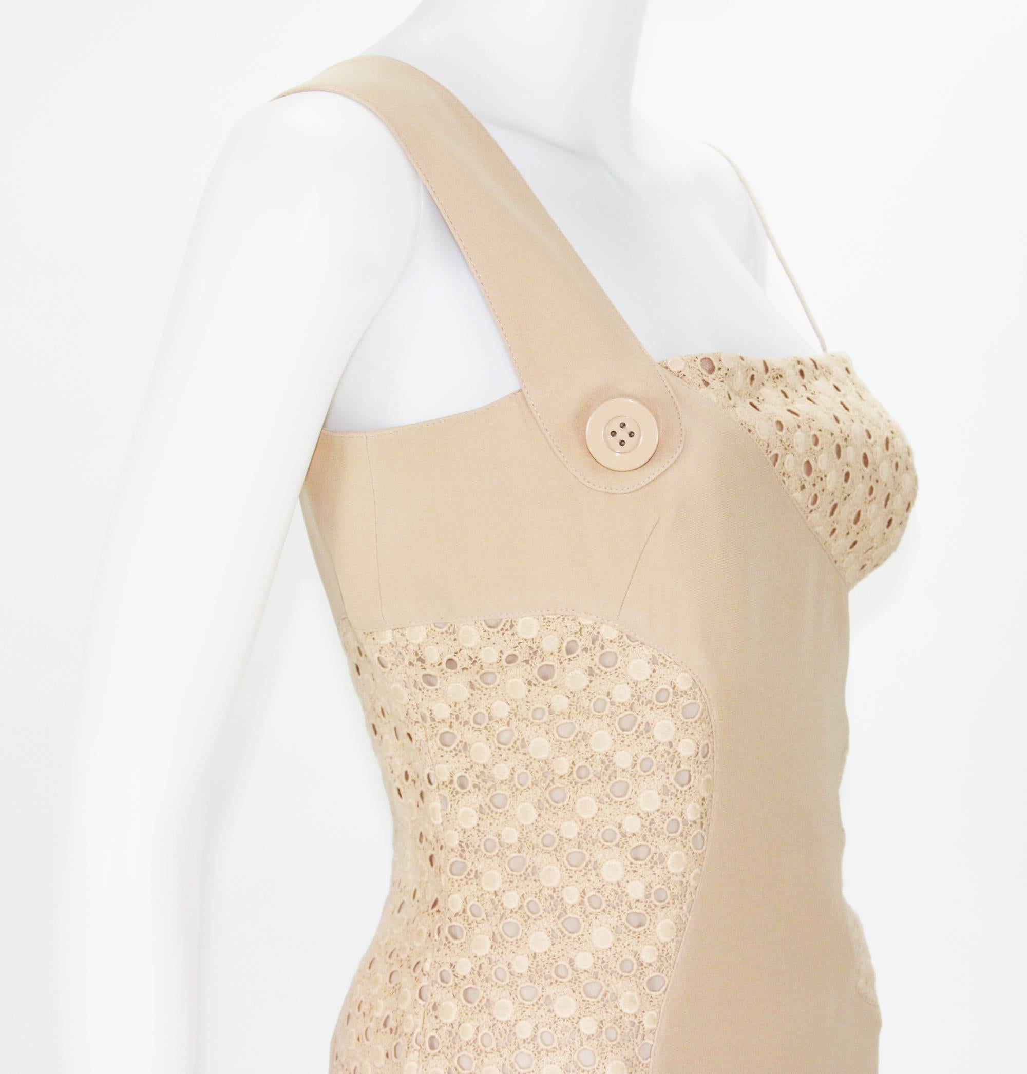 Beige New Versace Nude Crocheted Cotton and Silk-Cady One-Shoulder Dress 40 For Sale