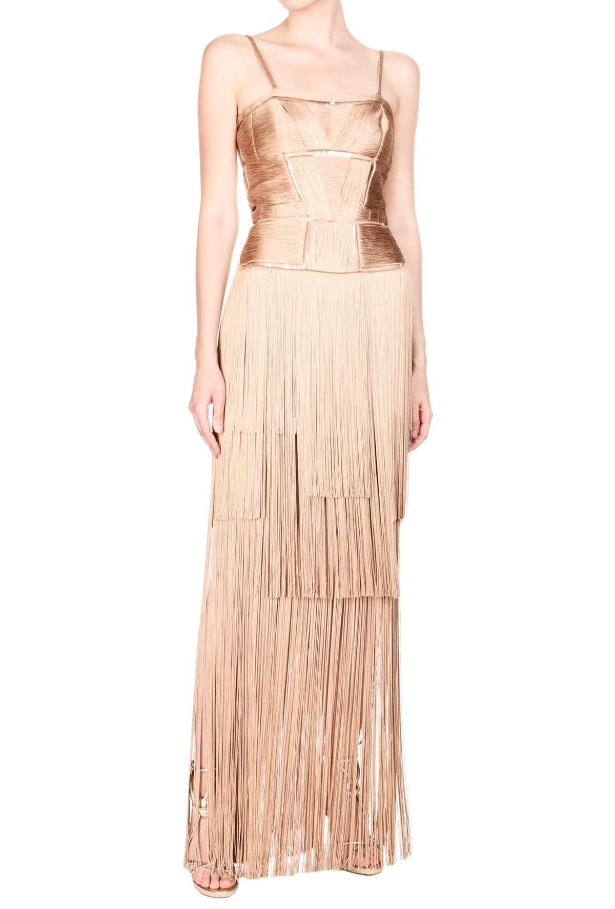 Women's New Versace Nude Naked Spectacular Fringe Long Silk Corset Dress Gown It. 44 For Sale