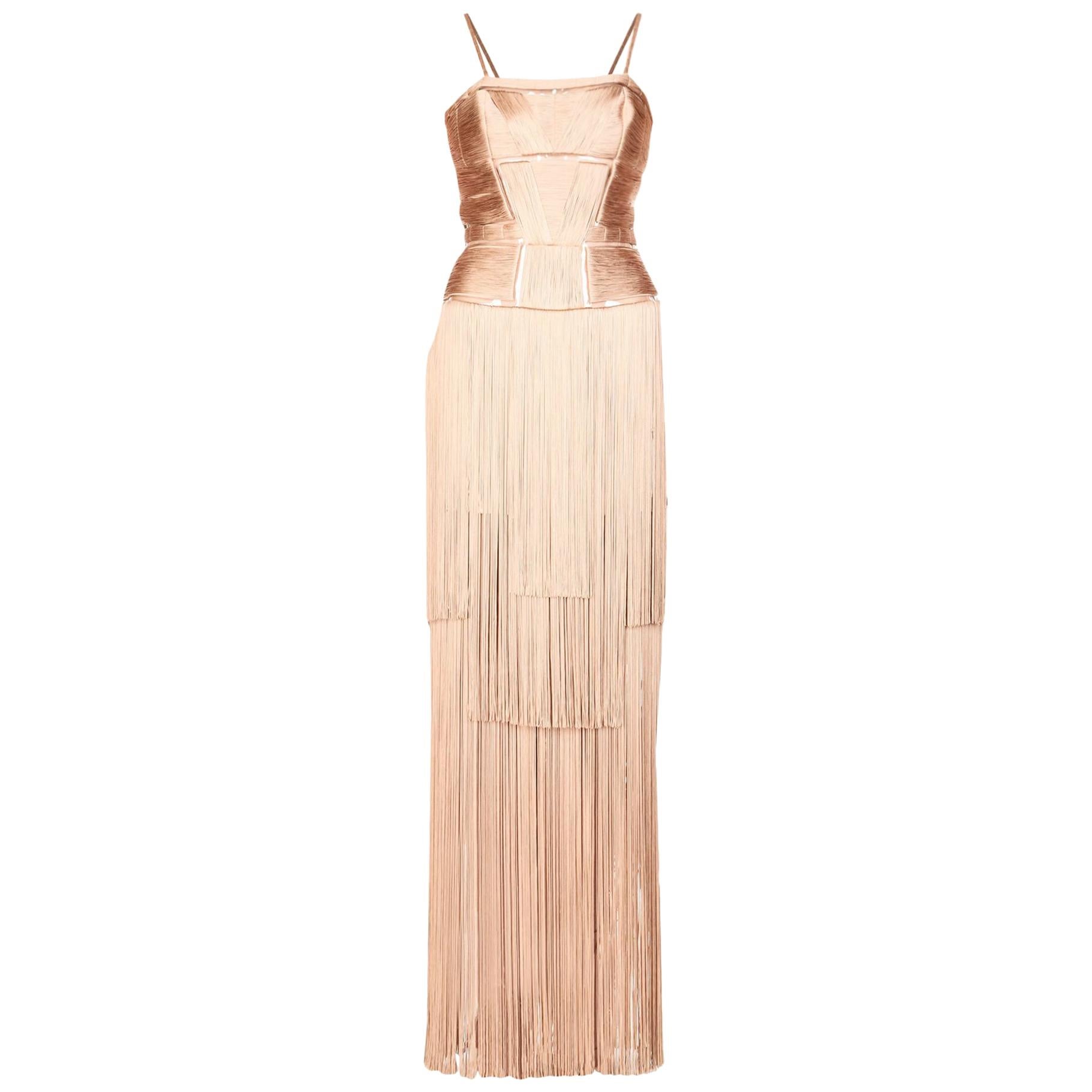 New Versace Nude Naked Spectacular Fringe Long Silk Corset Dress Gown It. 44 For Sale