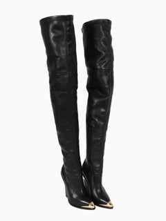 New Versace Over-the-knee Gold-tone Hardware Black Leather Boots It 39 - US 9