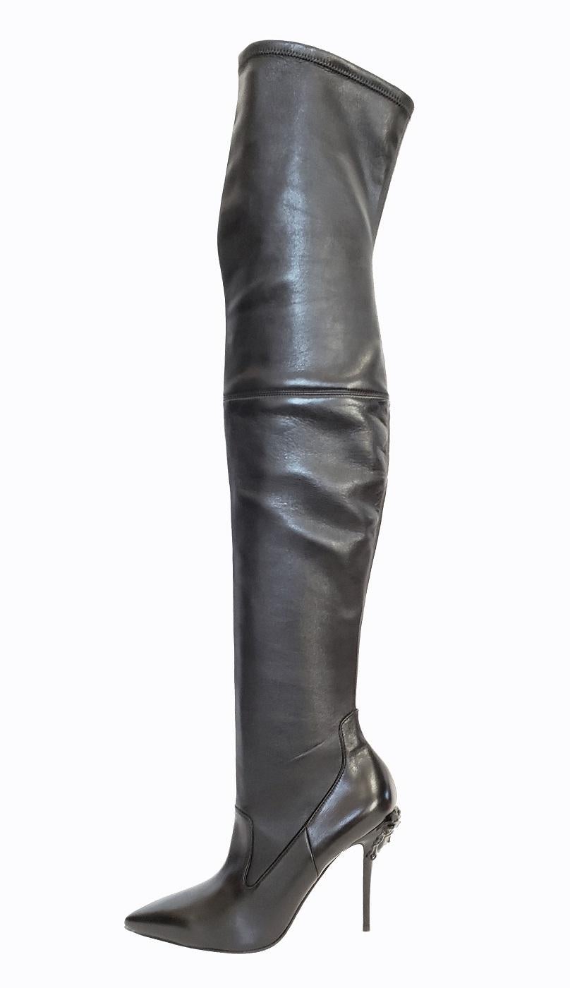 Women's New Versace Palazzo Black Stretch Leather Thigh High Boots w/ Medusa Heel 39 - 9