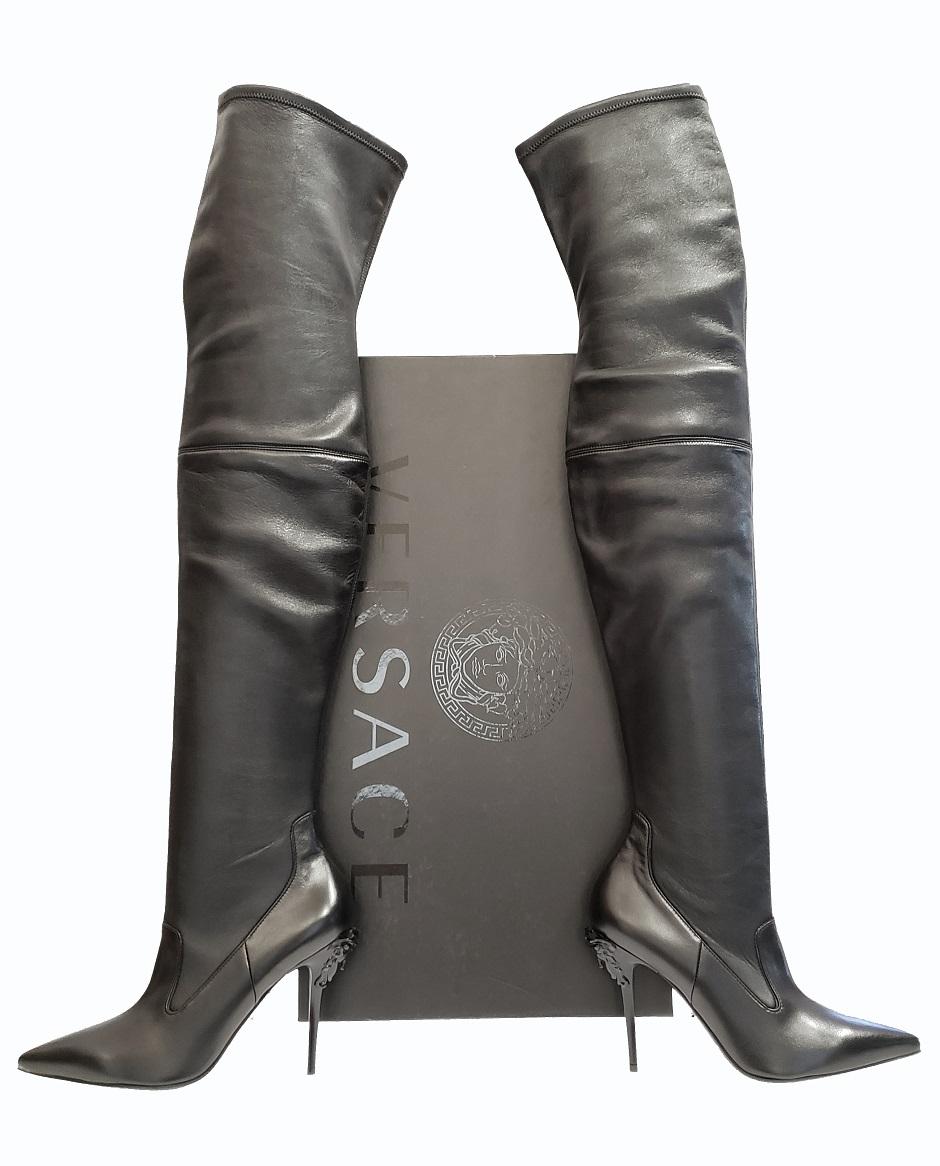 New Versace Palazzo Black Stretch Leather Thigh High Boots w/ Medusa Heel 39 - 9 1