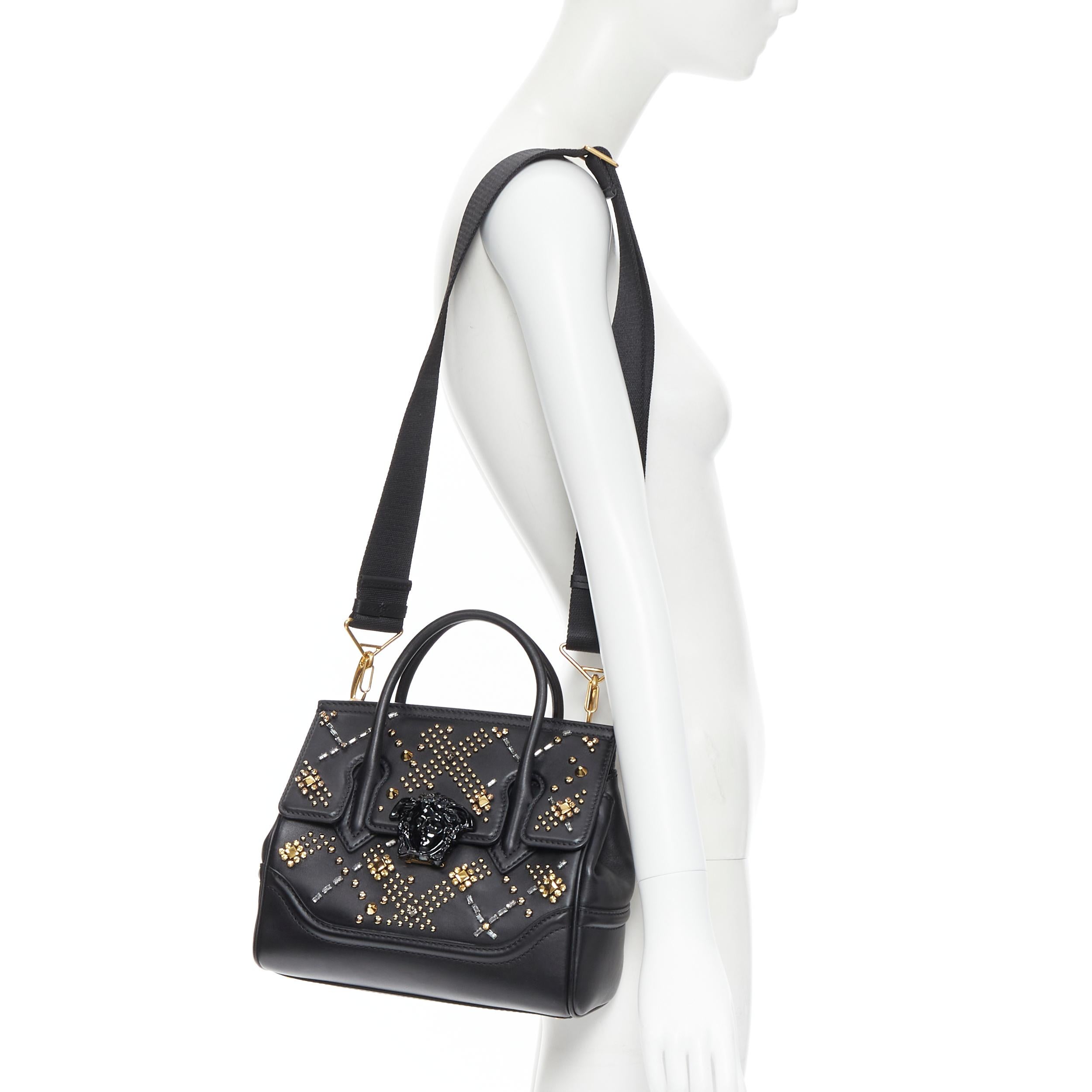 new VERSACE Palazzo Empire black gold crystal crossbody satchel bag 
Reference: TGAS/B01018 
Brand: Versace 
Designer: Donatella Versace 
Model: Crystal Empire 
Material: Leather 
Color: Black 
Pattern: Solid 
Closure: Clasp 
Extra Detail: Palazzo