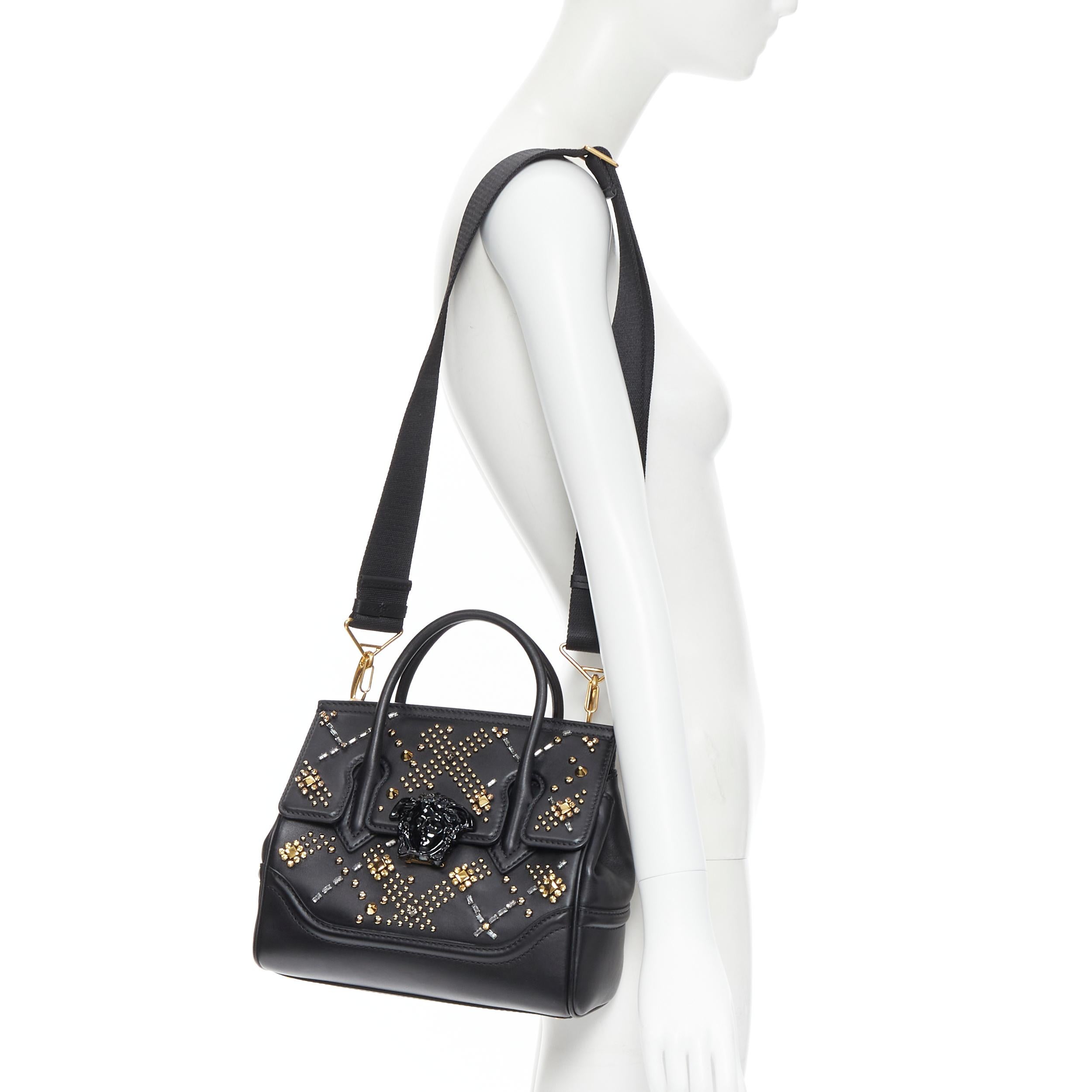 new VERSACE Palazzo Empire black gold crystal stud embellished crossbody bag 
Reference: TGAS/B01018 
Brand: Versace 
Designer: Donatella 
Versace Model: Empire bag 
Material: Leather 
Color: Black 
Pattern: Solid 
Closure: Clasp 
Extra Detail: