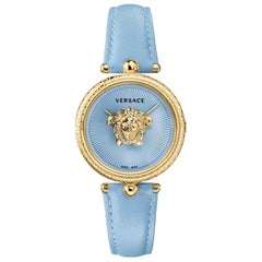 neu VERSACE Palazzo Empire vergoldete Greca Lünette Medusa blau 39mm Damenuhr