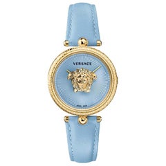 nouveau VERSACE Palazzo Empire or plaqué Greca lunette Medusa bleu 39mm montre femme