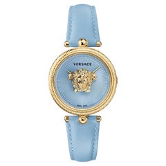 Neue neue VERSACE Palazzo Empire Medusa vergoldete greca 39mm Damenuhr mit Lünette in Blau, Palazzo Empire, vergoldet