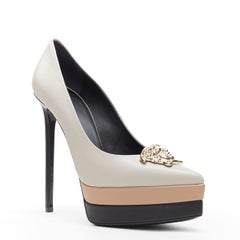 new VERSACE Palazzo gold Medusa grey beige black triple platform point pump EU39