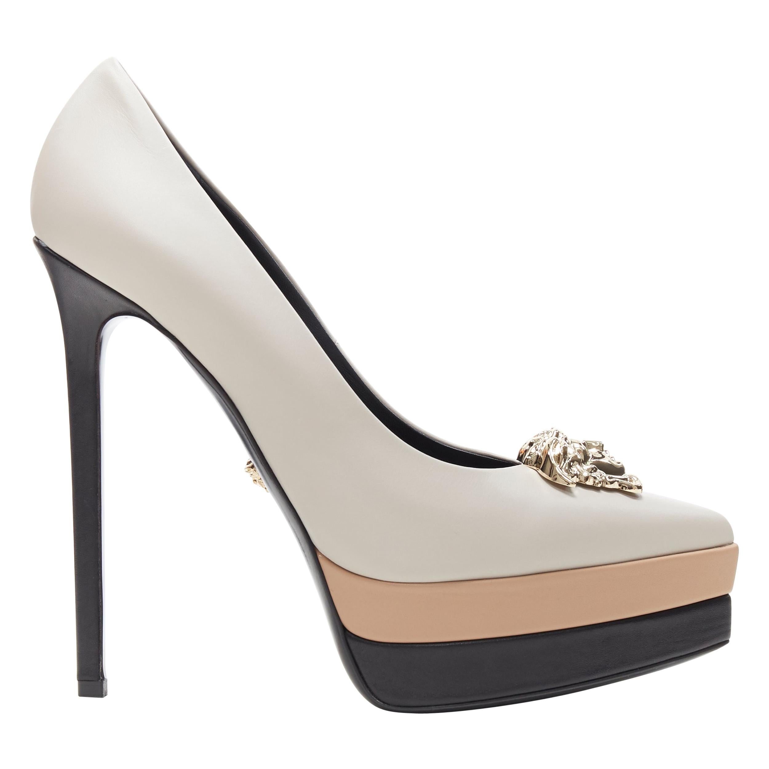 new VERSACE Palazzo gold Medusa grey beige black triple platform point pump EU39