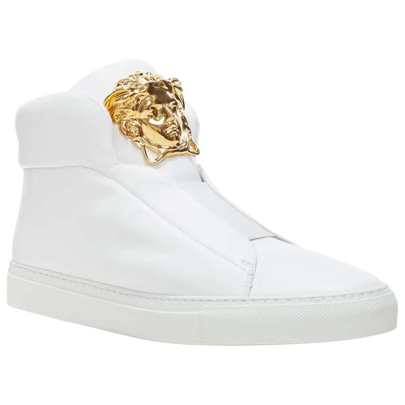 new VERSACE Palazzo gold Medusa white calfskin leather high top sneaker ...