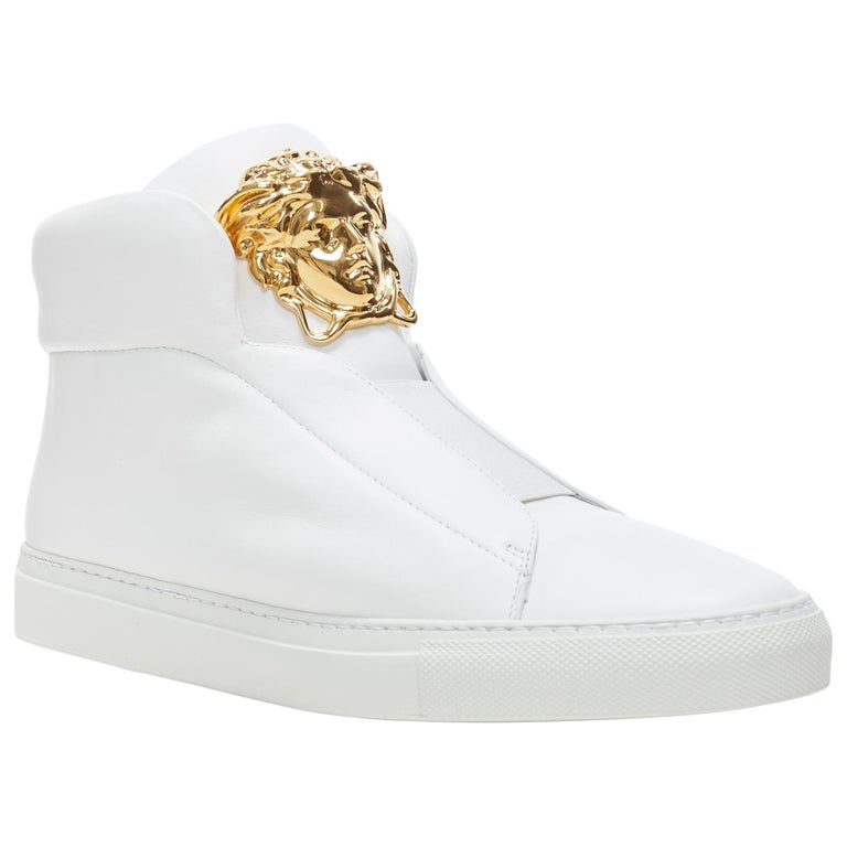 new VERSACE Palazzo gold Medusa white calfskin leather high top sneaker  EU40 at 1stDibs