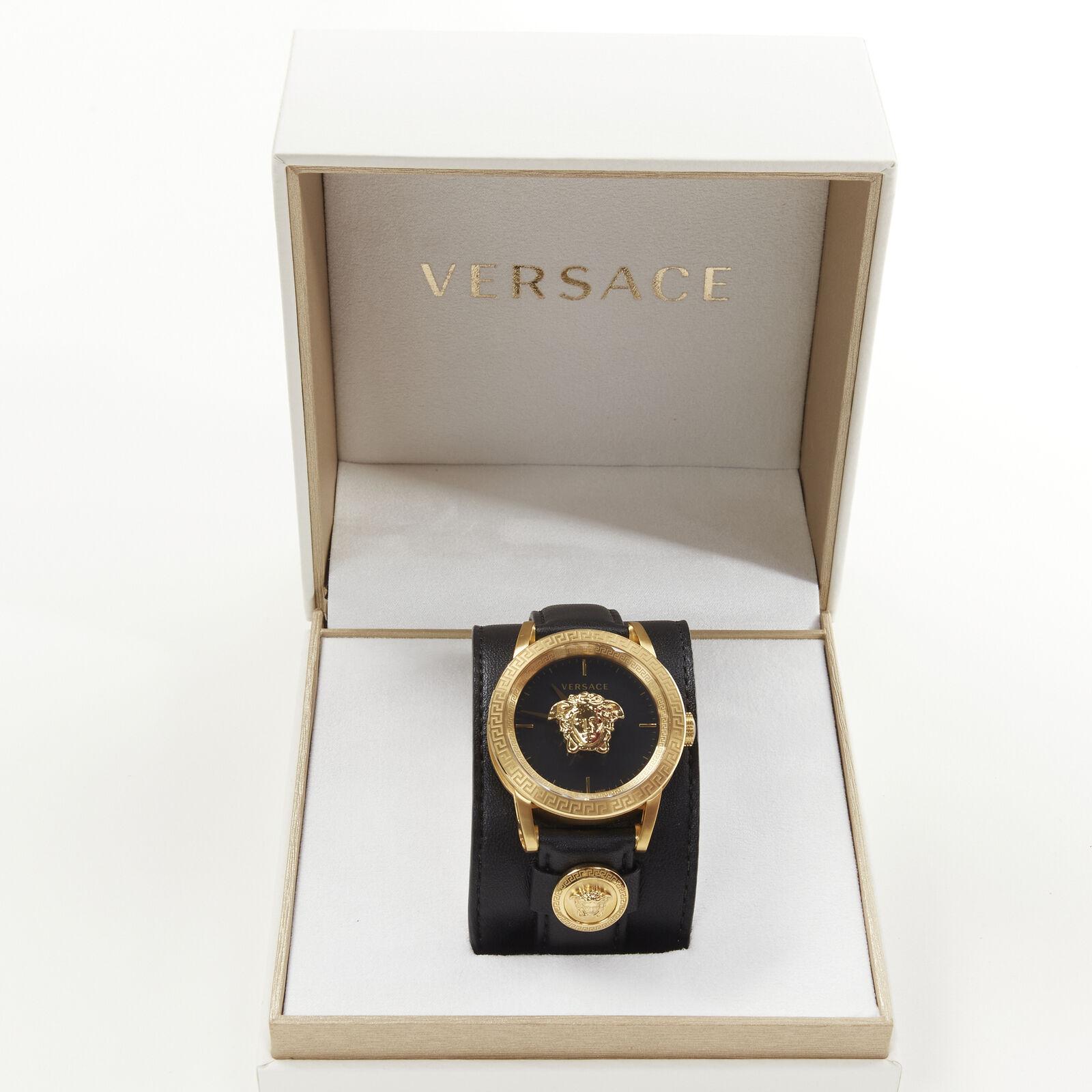 new VERSACE Palazzo Medusa black gold Greca convertible leather cuff wrist watch 2