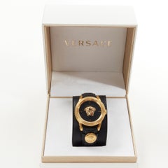 new VERSACE Palazzo Medusa black gold Greca convertible leather cuff wrist watch
