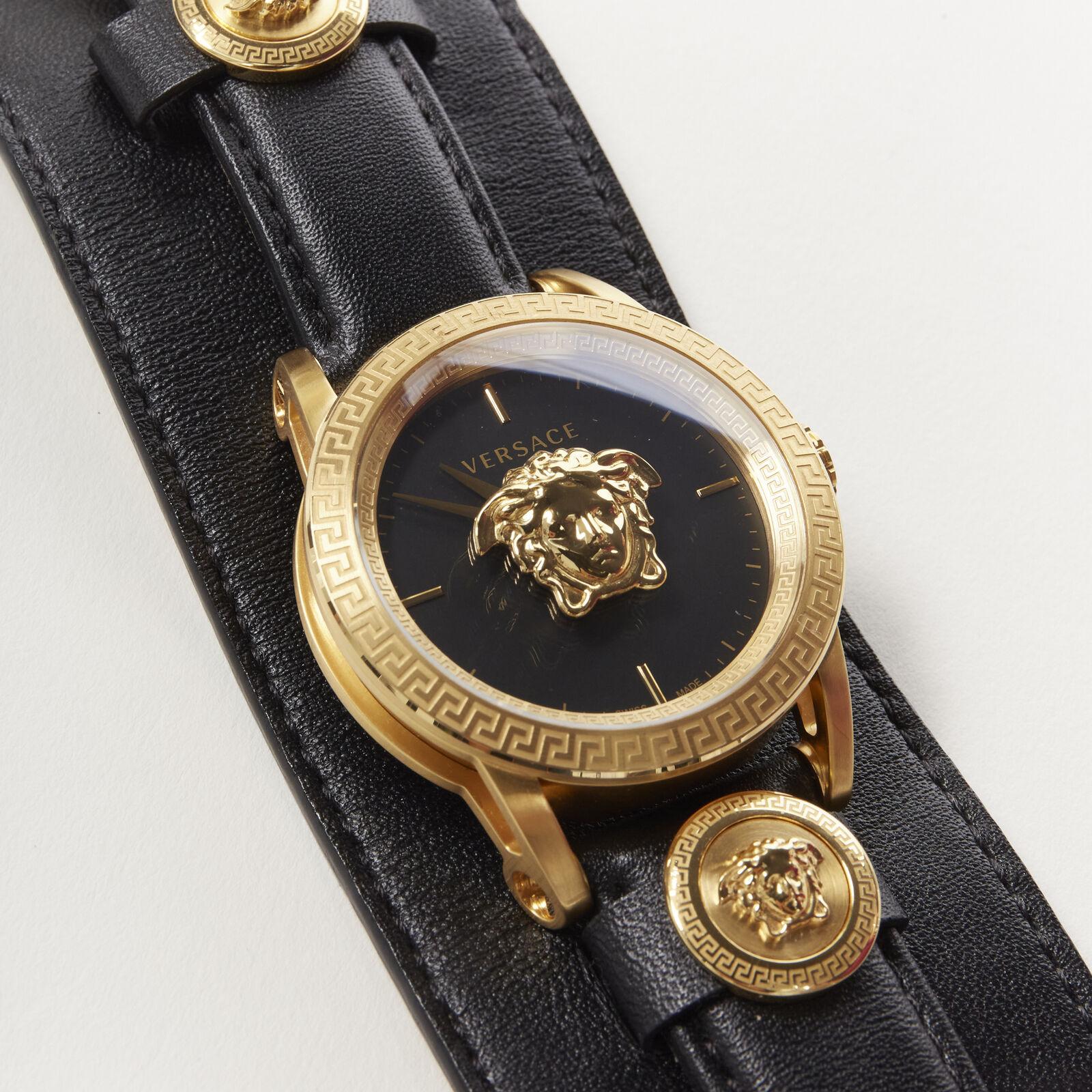 new VERSACE Palazzo Medusa black gold Greca convertible leather cuff wrist watch 
Reference: TGAS/C00213 
Brand: Versace 
Designer: Donatella Versace 
Collection: Palazzo Medusa 
Material: Leather 
Color: Black 
Pattern: Solid 
Extra Detail: Palazzo