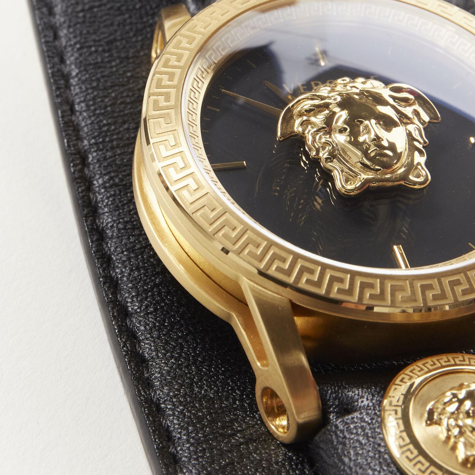 new VERSACE Palazzo Medusa black gold Greca convertible leather cuff wrist watch In New Condition In Hong Kong, NT
